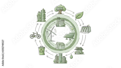 Photos Eco-Friendly Circle: A visual representation of a green ecosystem showcases interconnected elements of sustainable living, including renewable energy, eco-friendly structures