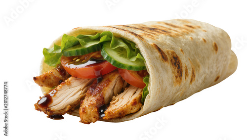 Grilled chicken wrap with lettuce tomato and cucumber slices, isolated on transparent background