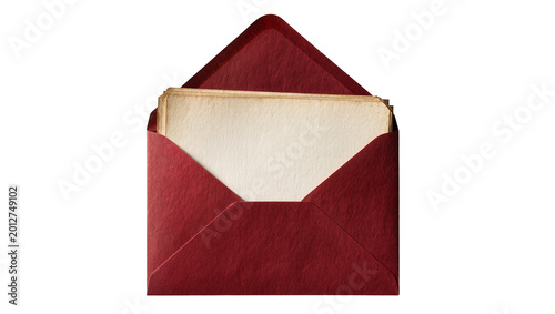 Deep red textured envelope holding aged paper sheets, isolated on transparent background