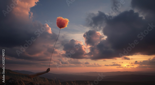 a hand holding a string with an exploding balloon, floating in the sky at sunset