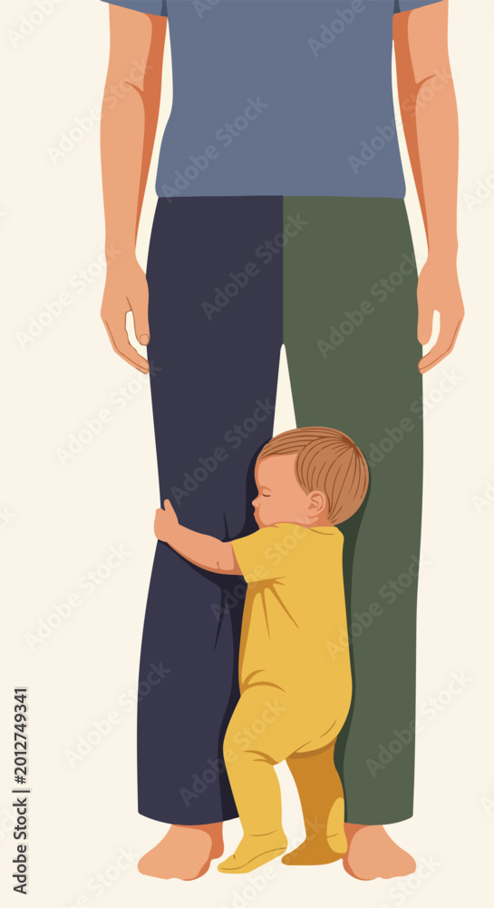 Fototapeta premium Warm illustration Adorable baby in yellow pajamas affectionately hugs adult's legs