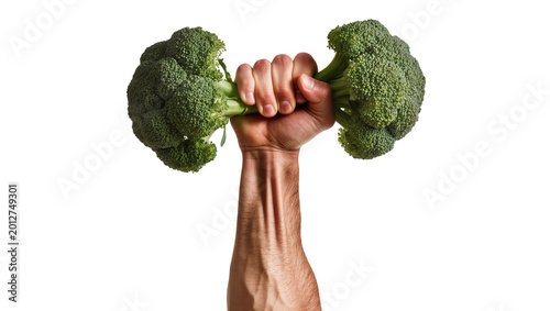Photos Man s hand holding broccoli florets like a dumbbell, isolated on transparent bac