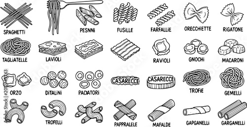 Bild auf Leinwand Black and White Line Art Illustration of Various Italian Pasta Types
