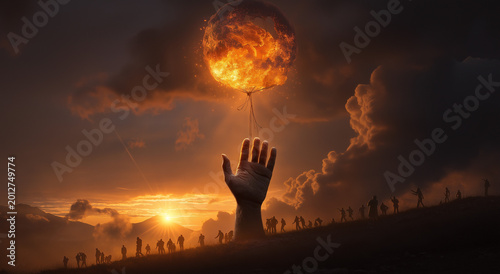 a hand holding a string with an exploding balloon, floating in the sky at sunset