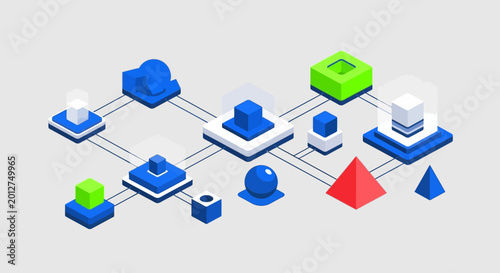 A network of connected 3D shapes and blocks.
