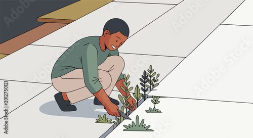 Smiling person crouches, carefully removing weeds from pavement cracks with a tool
