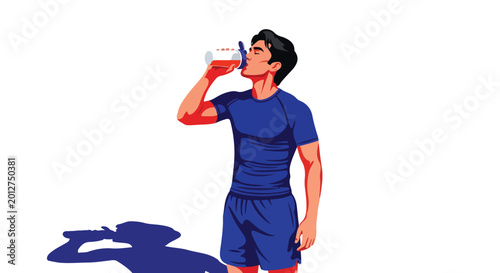 A man in blue sportswear drinks from a clear bottle with red liquid, white background