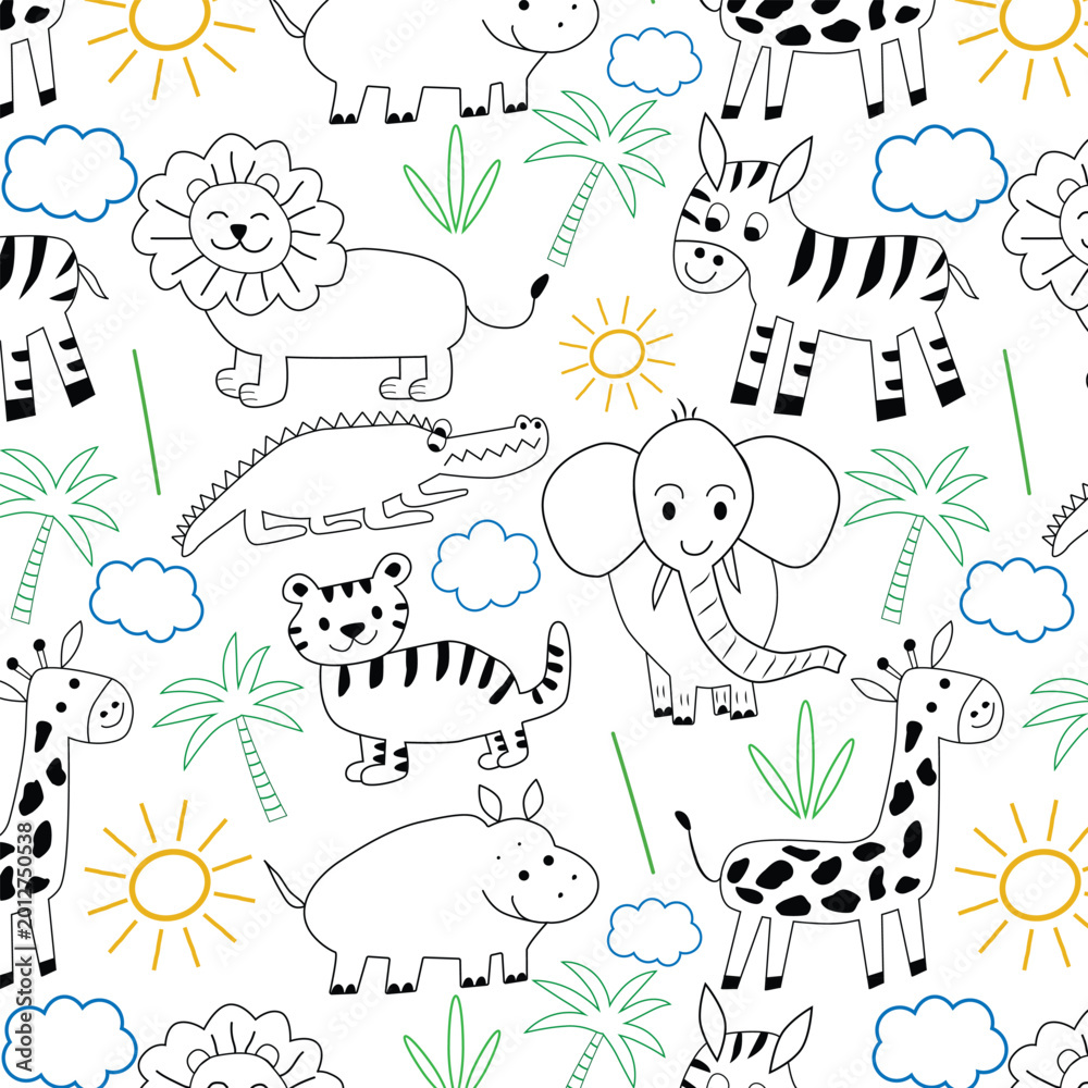 Fototapeta premium Doodle hand drawn black and white cute safari animals with colorful leaves and sun seamless pattern in coloring book style, for nursery wallpaper and kids room decor 