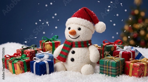 Charming Snowman Surrounded by Colorful Christmas Gifts in Snowy Wonderland.