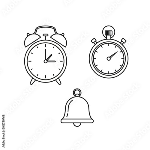 Alarm Clock, Stopwatch, and Bell Icons - Time Management and Punctuality Symbols