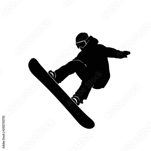 Valokuva Silhouette of a snowboarder performing a trick in mid-air against a white background