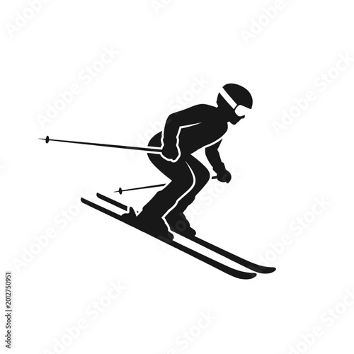 Schilderij op canvas Silhouette of a skier in motion, descending a slope with ski poles and skis, representing winter sports and outdoor activity
