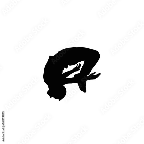 Silhouette of a person performing a backflip against a white background, showcasing athletic movement and agility.