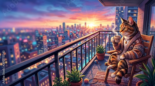 Mother cat sitting on balcony drinking coffee at sunset with city view  