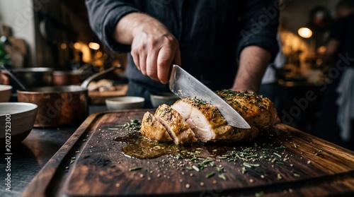 Chef Carving Delicious Roasted Turkey with Herbs on Wooden Board.