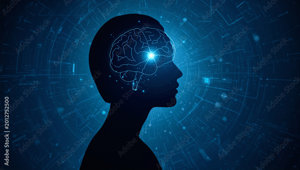 Obraz premium 脳科学の学習内容を想起させる発光脳の横顔教育イラスト