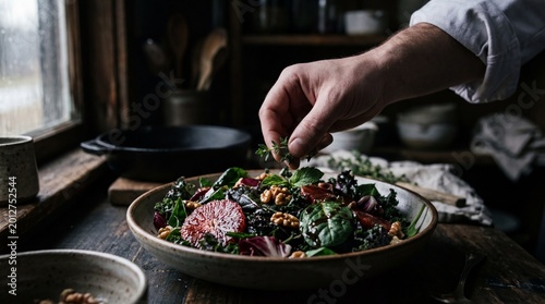 Chef Garnishing a Delicious Salad with Fresh Ingredients in a Rustic Kitchen Setting.