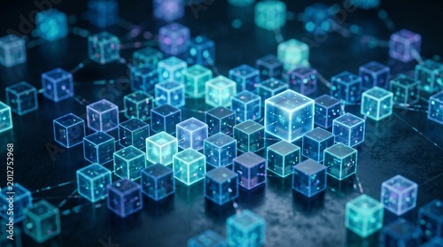 Abstract digital network of glowing cubes. Connected data blocks representing blockchain technology and cloud computing infrastructure. Futuristic information security and processing system.