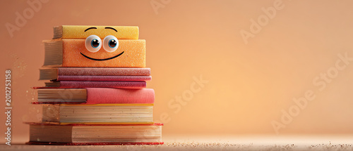A colorful stack of books with a smiling face on top, set against a warm gradient background. Concept for education, learning, and positive reading experiences.