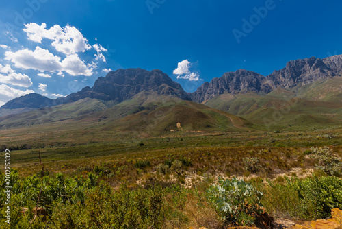 An amazing view on a perfect day over the Jonkershoek Nature Reserve located close to Stellenbosch in South Africa and home to the Jonkershoek Mountains and the impressiv valley. The reserve includes 