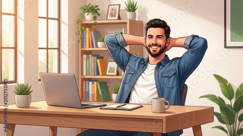 Smiling man relaxing at desk in bright home office