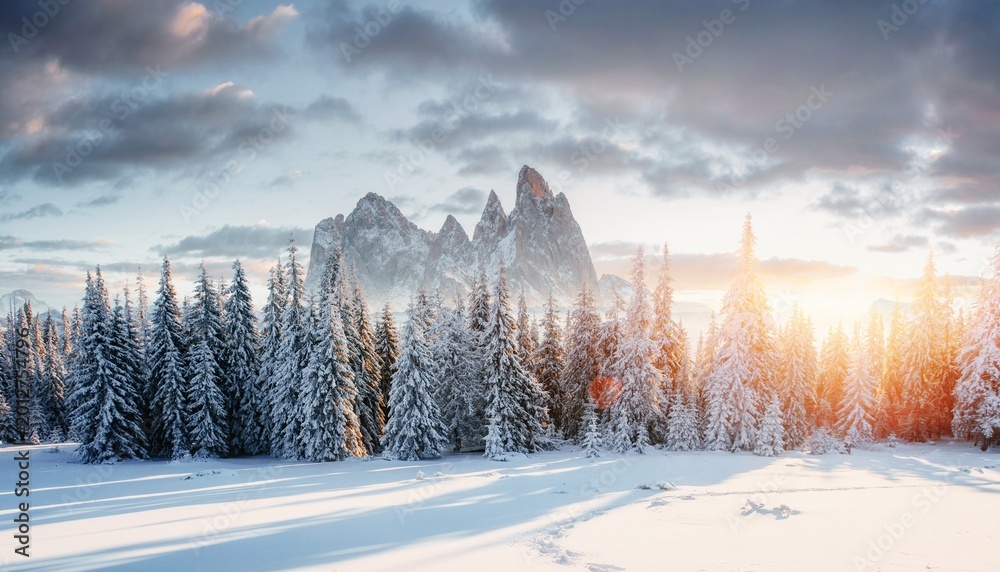 Fototapeta premium Colorful winter panorama in the Alpine Dolomites. Fir trees covered in fresh snow on a frosty morning shine in the first rays of the sun.