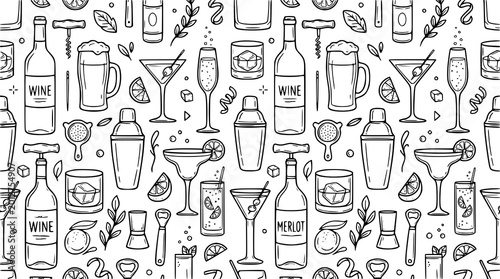 Foto Black and white alcohol drinks seamless pattern vector with beverage line illust