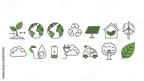 Green Initiative Icons: A collection of meticulously crafted icons represents various facets of eco-friendliness, highlighting key environmental concepts in a cohesive manner. 