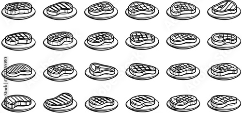 Cuadro en lienzo Black and White Line Art Icons of Various Steak Cuts on Plates, Food Industry Ve