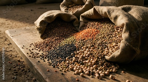 Assorted healthy dried lentils and chickpeas spill out from rustic burlap sacks onto a weathered wooden board in natural light