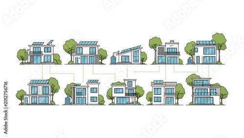Fotografija Eco-Friendly Homes: An illustrative overview showcases an array of modern homes powered by solar energy, highlighting sustainable living