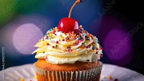 A single cupcake on a white plate, topped with frosting, sprinkles, and a cherry, against bokeh