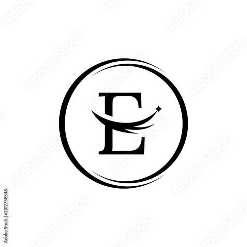 Elegant black letter E logo design with a swoosh and star inside a circular frame.