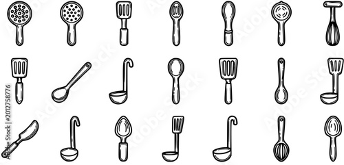 Photos Black and White Line Art Kitchen Utensils Set: Spatulas, Ladles, Whisks, Scoops,