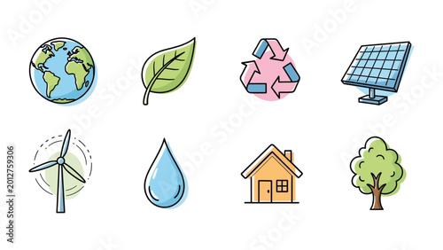 Fényképezés Eco-Friendly Icons: A vibrant collection of eco-friendly icons representing sustainability and renewable energy, showcasing global concepts for a greener future