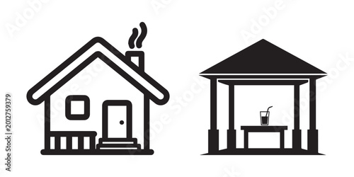 Photos Simple house and gazebo icons with smoking chimney and drink
