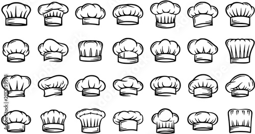 Bild auf Leinwand Black and White Line Art Chef Hats, Cook Caps, and Toques Icon Set, Food Industr