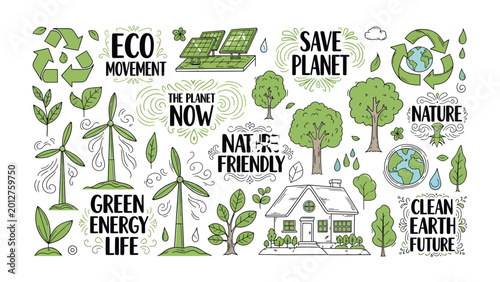 Foto Eco-Friendly Doodle: A vibrant illustration showcasing key elements of environmental conservation, sustainability, and renewable energy, all contributing to a cleaner and greener planet