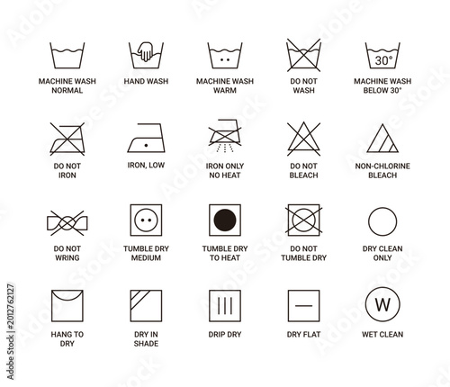 Set of laundry care symbols and icons for clothing labels. Black minimalist vector illustrations including washing, drying, ironing, and bleaching instructions with English text.