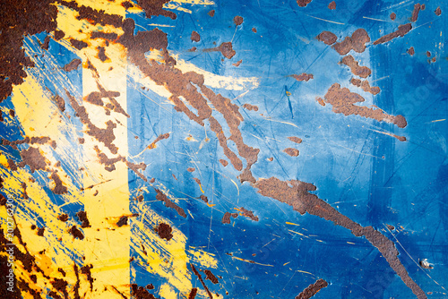 Blue and Yellow Grunge Metal Texture Background with Rust and Scratches