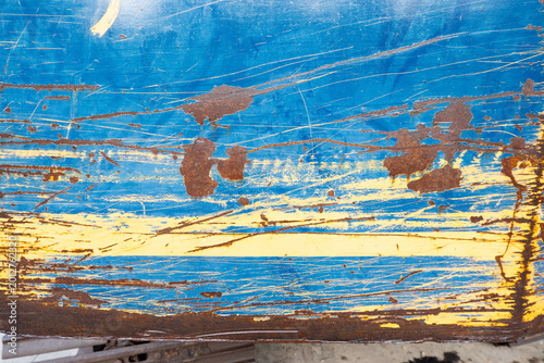 Blue Grunge Metal Texture with Rust Scratches and Weathered Paint Background