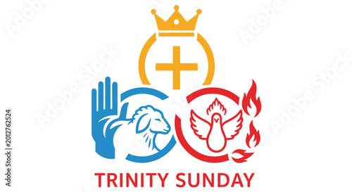 trinity sunday religious symbols with crown cross dove flame and hand