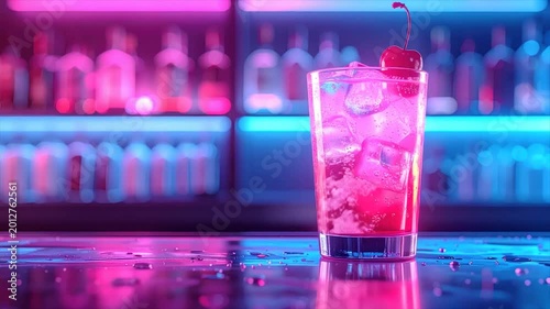 Neon-lit bar scene features a cherry-topped cocktail, ice, & blurred bottles. Reflective surface