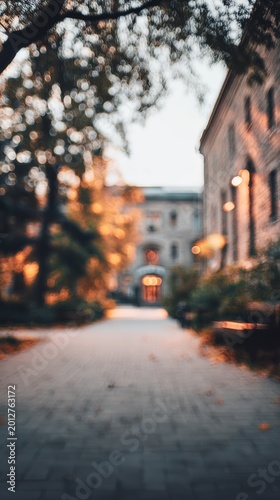 Blurred university campus exterior with contemporary educational design.