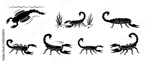 Foto Scorpion silhouette set collection, black venomous arachnid icon pack in various
