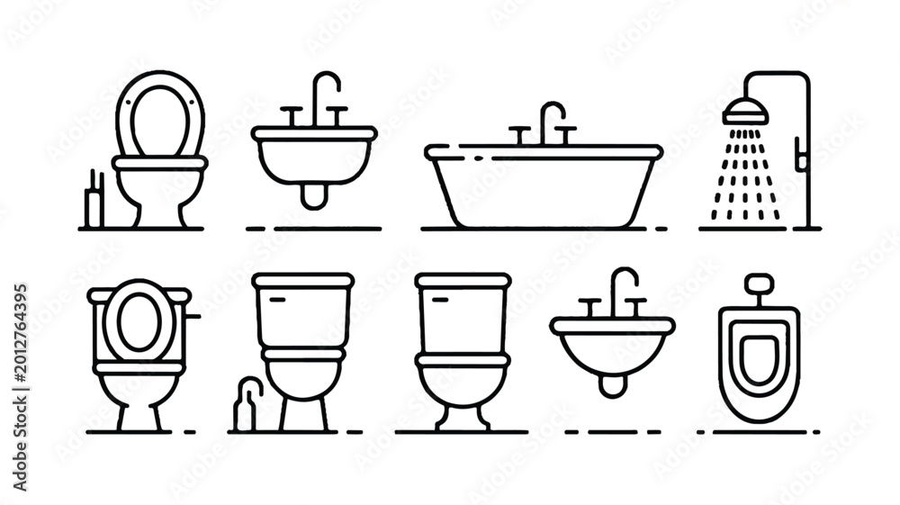 Obraz premium black and white line icons of various bathroom fixtures and toilets