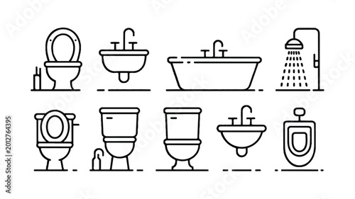 black and white line icons of various bathroom fixtures and toilets