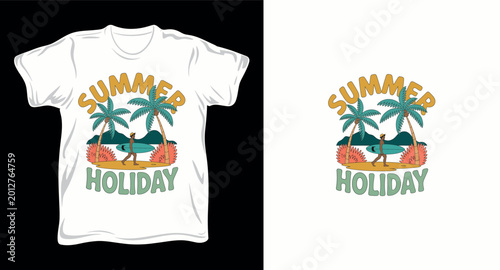 Summer holiday t-shirt design with surfer walking on tropical island beach.
