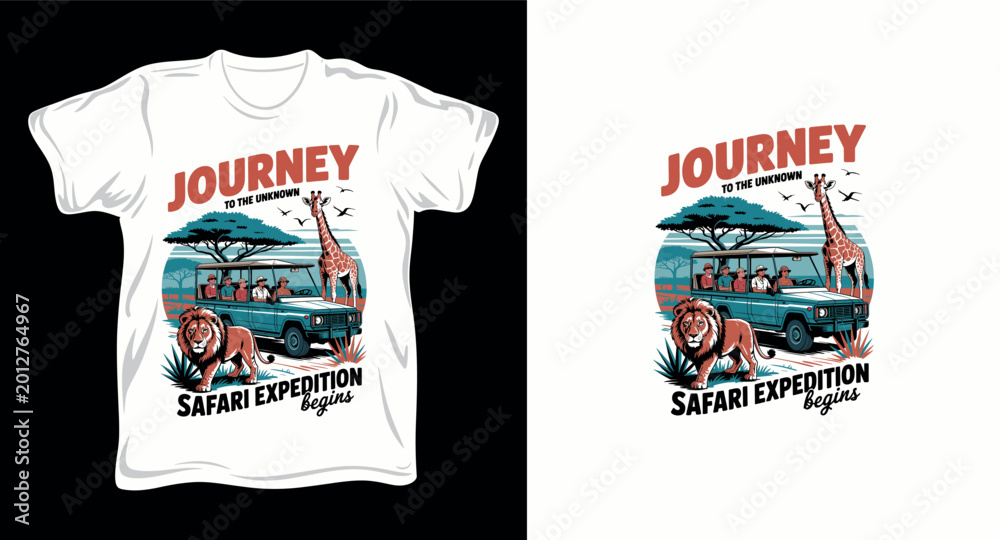 Fototapeta premium Safari expedition travel graphic t-shirt design featuring offroad vehicle and wild animals.