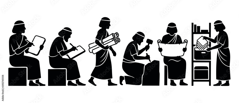 Obraz premium Ancient Egyptian Scribes and Craftsmen Silhouette Icons Set, Traditional Papyrus Writing and Stone Carving Process, Historical Civilization Workers Vector Illustration for Educational History Projects